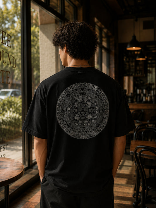 Aztec Sun Stone Oversized Tee — Black