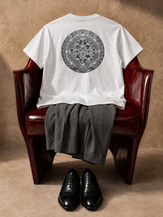 Aztec Sun Stone Oversized Tee — White