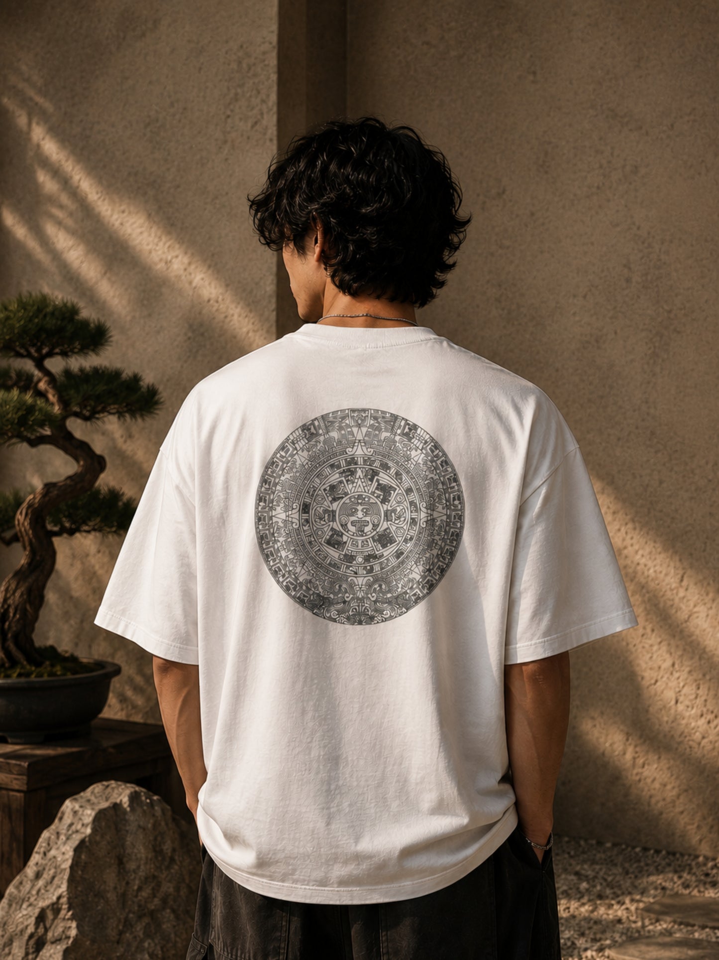 Aztec Sun Stone Oversized Tee — White