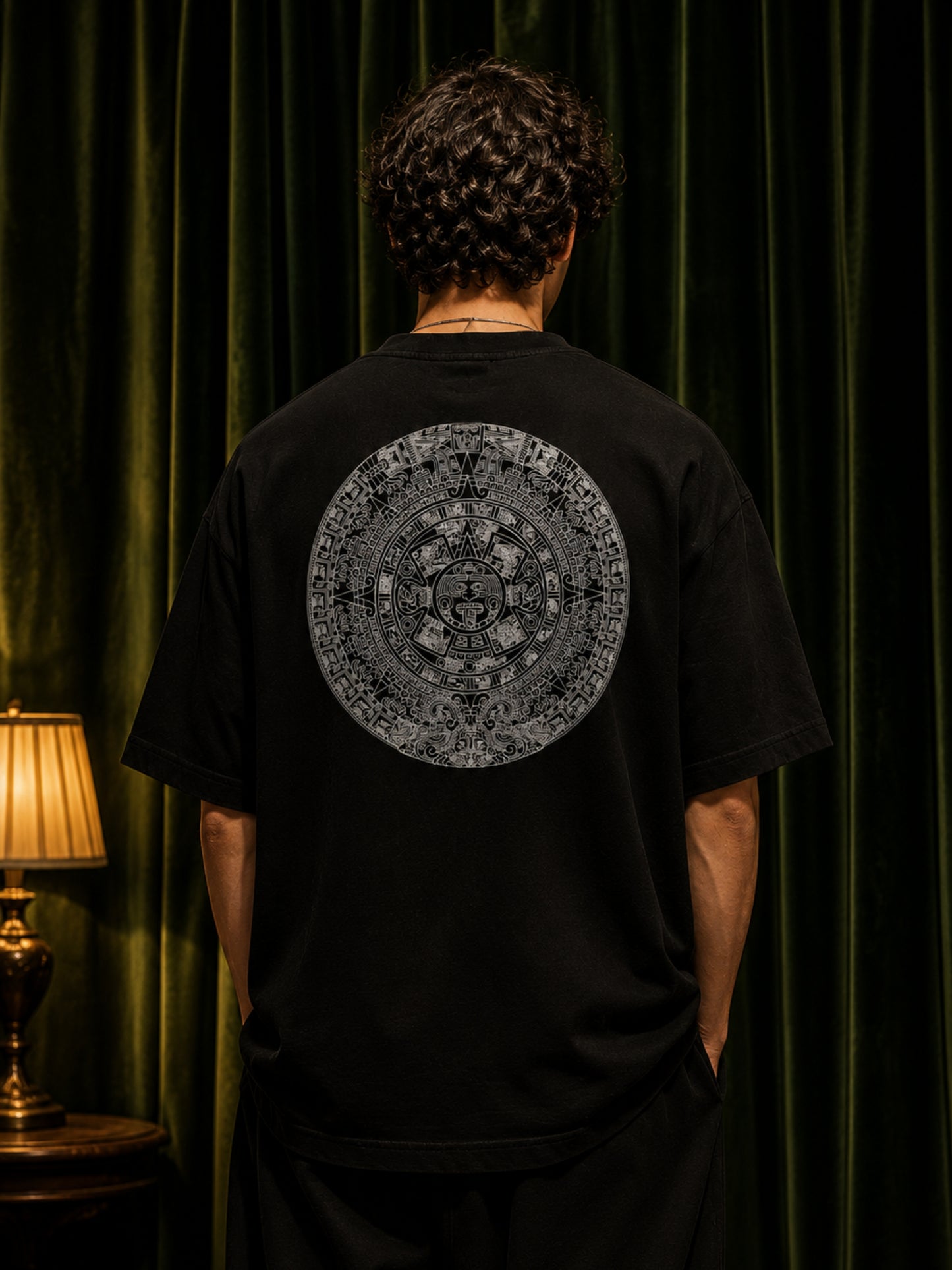 Aztec Sun Stone Oversized Tee — Black