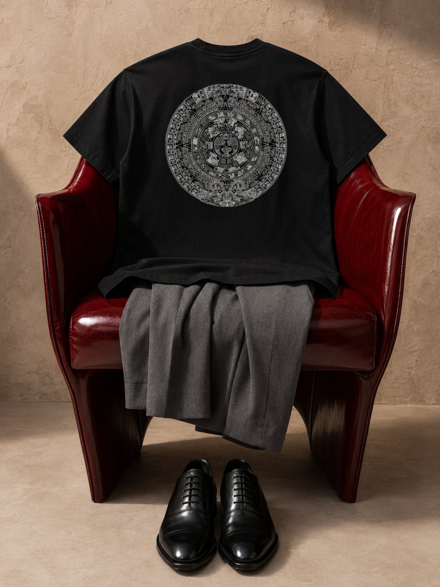 Aztec Sun Stone Oversized Tee — Black
