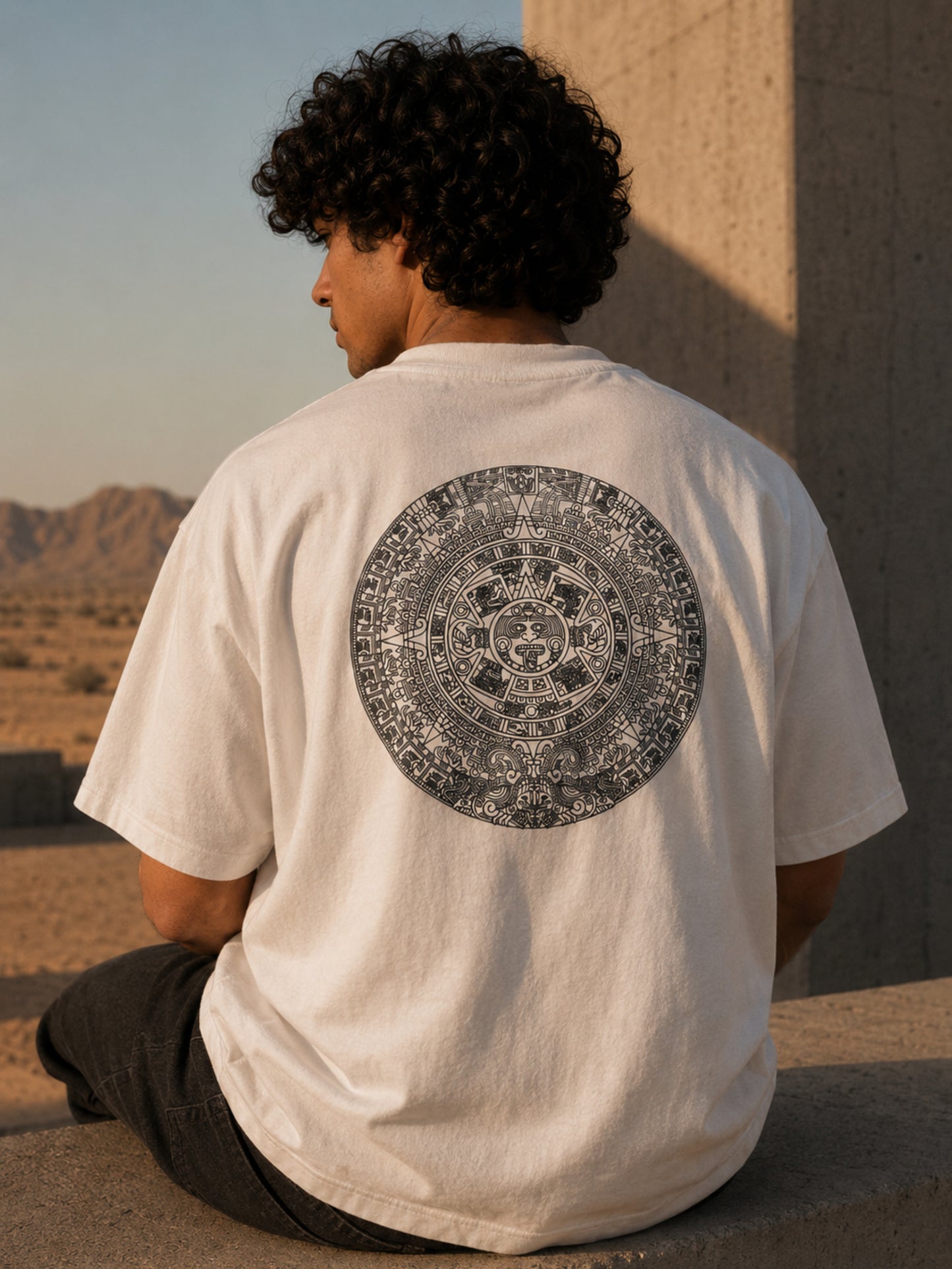 Aztec Sun Stone Oversized Tee — White