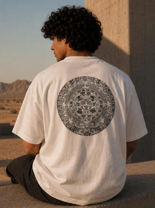Aztec Sun Stone Oversized Tee — White